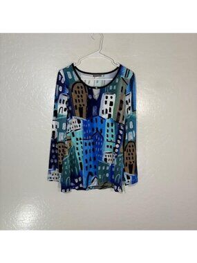 Dolcezza Shirt Womens Small Multicolor Cityscape Art Print Long Sleeve Tunic Top